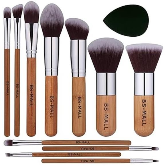 Makeup Brush Set 11Pcs Bamboo Synthetic Kabuki Brush Set Foundation Powder - Picture 7 of 7